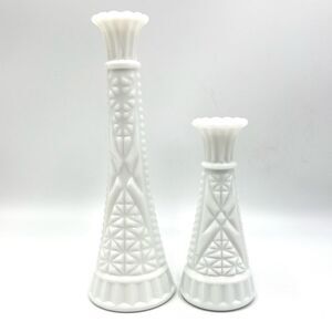 Two Vintage White Milk Glass Flower‎ Bud Vases Stars And Bars